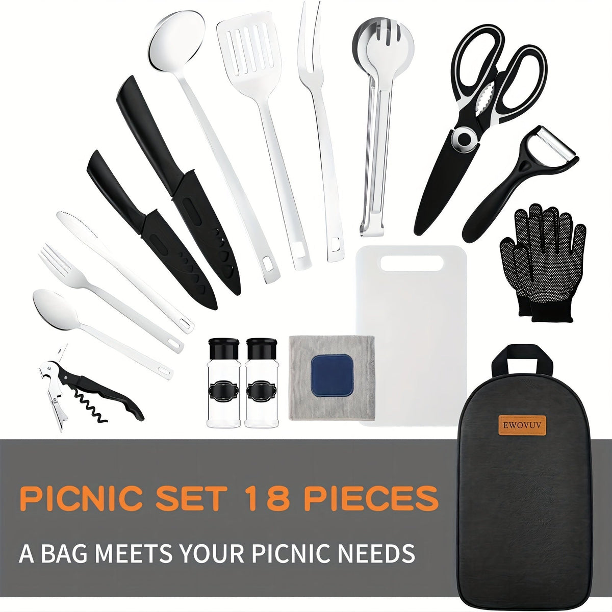 Portable Camp Kitchen Cooking Utensil Set with Water-Resistant Travel Organizer Case – Compact Grill Accessories Kit for Backpacking, BBQ, Camping & Hiking | Black