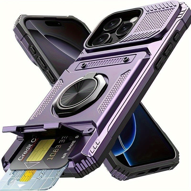 iPhone Card Slot Shockproof Case with Ring Holder & Kickstand – Wallet Phone Cover for iPhone 17 17 Air 17 Pro Max 16 15 14 13 12 11 Pro Max Plus Mini | Heavy Duty Drop Protection