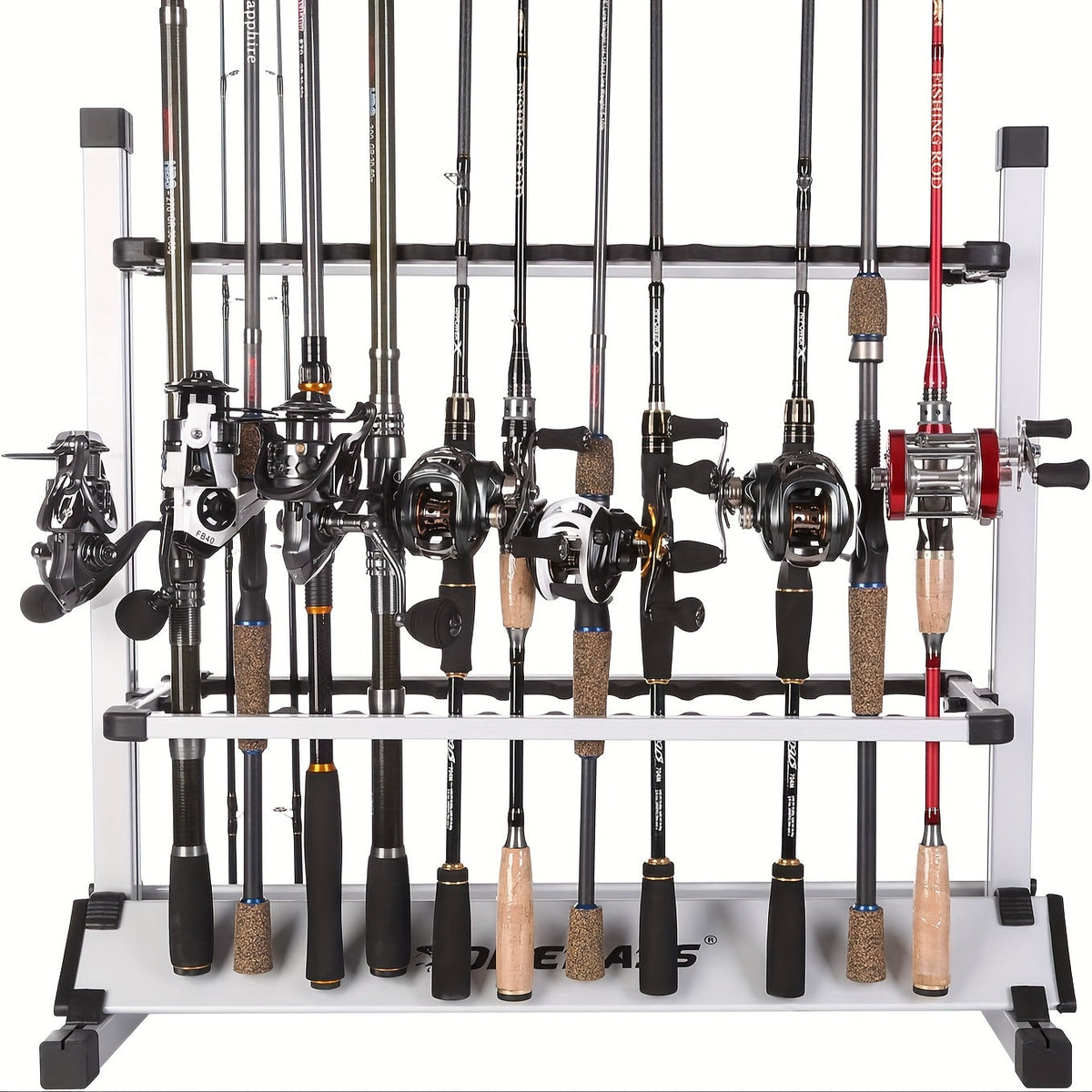 Aluminum Fishing Rod Holder Rack Holds Up to 24 Rods, Portable Lightweight Rust-Resistant Rod Stand with Cushioned Holders & Carrying Handle, Freestanding Fishing Pole Organizer for Garage Cabin Home