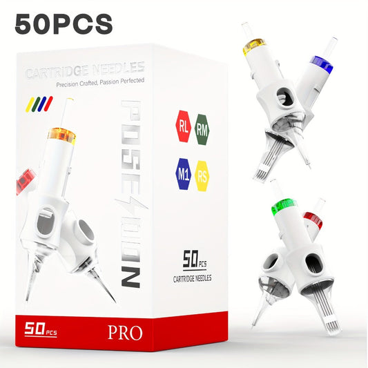 Tattoo Cartridge Needles 50pcs Mixed Size Set - Poseidon V6 Assorted Round Liner Shader Curved Magnum Disposable Needles 3RL 5RL 7RL 9RL 5RS 9RS 9RM 11RM 15RM 7M1 for Tattoo Machine