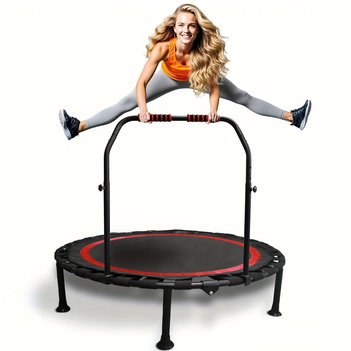 Mini Trampoline 40 Inch Collapsible Fitness Rebounder 660LBS Capacity, Adjustable Foam Handle Bars, Durable Elastic Straps & Thick Steel Frame, Quiet Indoor Outdoor Exercise Trampoline, Blue Green Red