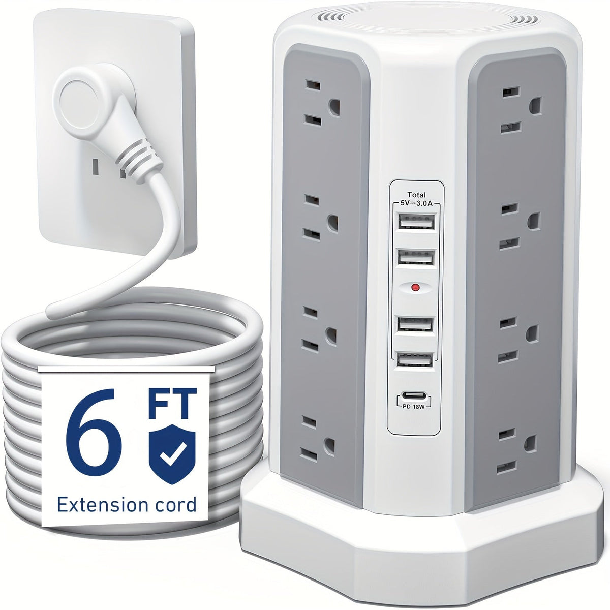 PD18W USB-C Power Strip Tower 21-in-1, 16 AC Outlets & 5 USB Ports, 1500J Surge Protector, Angled Flat Plug, 6ft 13A Extension Cord, Fast Charging Desktop Power Tower for Home Office Dorm – White