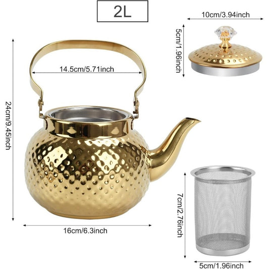 Hammered Stainless Steel Tea Kettle with Strainer, 40.58 fl oz, Gold or Silver