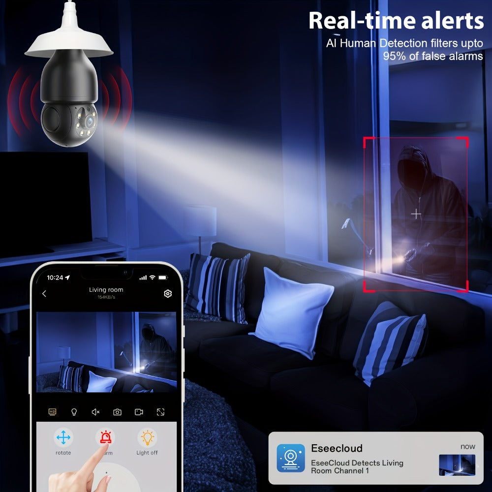 Smart Bulb Security Camera 5MP 360° Panoramic Pan-Tilt with Pet & Cat Dog Monitoring, Color Night Vision, Motion Detection Alarm, Two-Way Audio & Dual-Band WiFi 2.4G & 5G – Wireless Indoor Surveillance