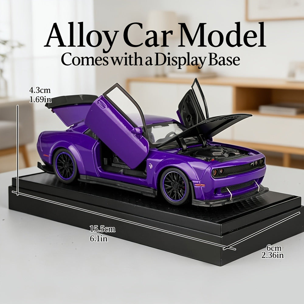 Dodge Sports Car Diecast Model, Purple Zinc Alloy Static Collectible with Display Base & Opening Doors