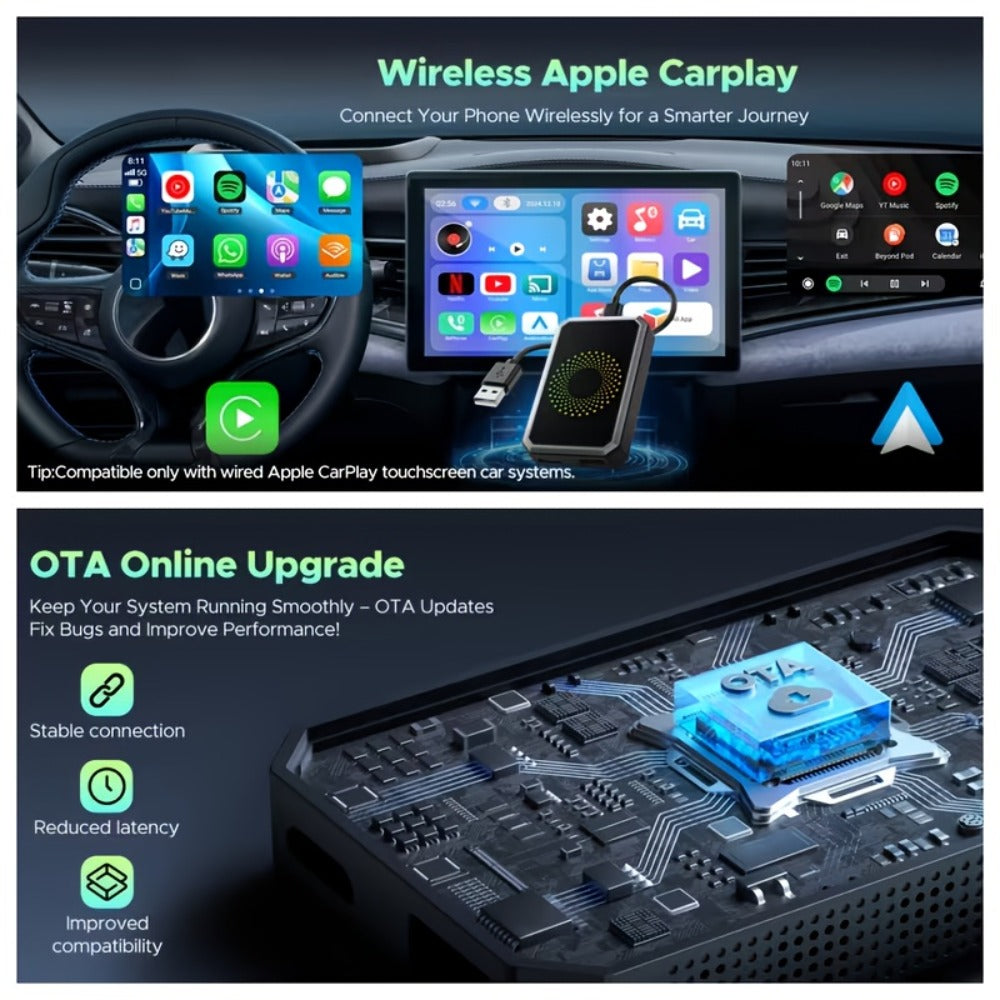 3-in-1 Wireless CarPlay Adapter Magic Media Box with Netflix YouTube TikTok Streaming & USB Port, Converts Factory Wired Apple CarPlay & Android Auto to Wireless, Plug-and-Play, iOS 10+, Black