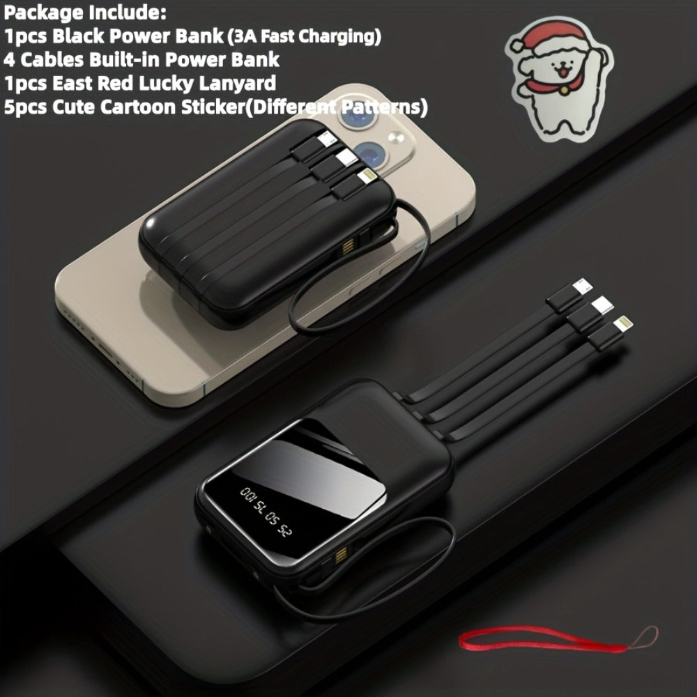 10000mAh Cute Cartoon Power Bank with 4 Built-In Cables & 22.5W Super Fast Charging - Portable Charger Dual LED Flashlight Compatible with iPhone Android USB-C, Travel Battery Pack Red Purple Black Yellow