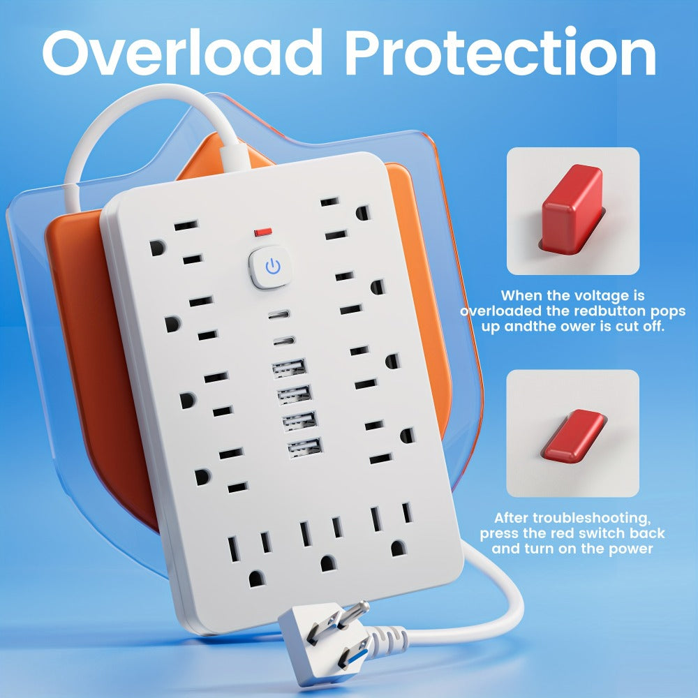 17-in-1 Flat Plug Power Strip with Surge Protector – 11 Spacious AC Outlets & 6 USB Ports (2 USB-C), Overload Protection, Space-Saving Design for Home Office Desk Dorm