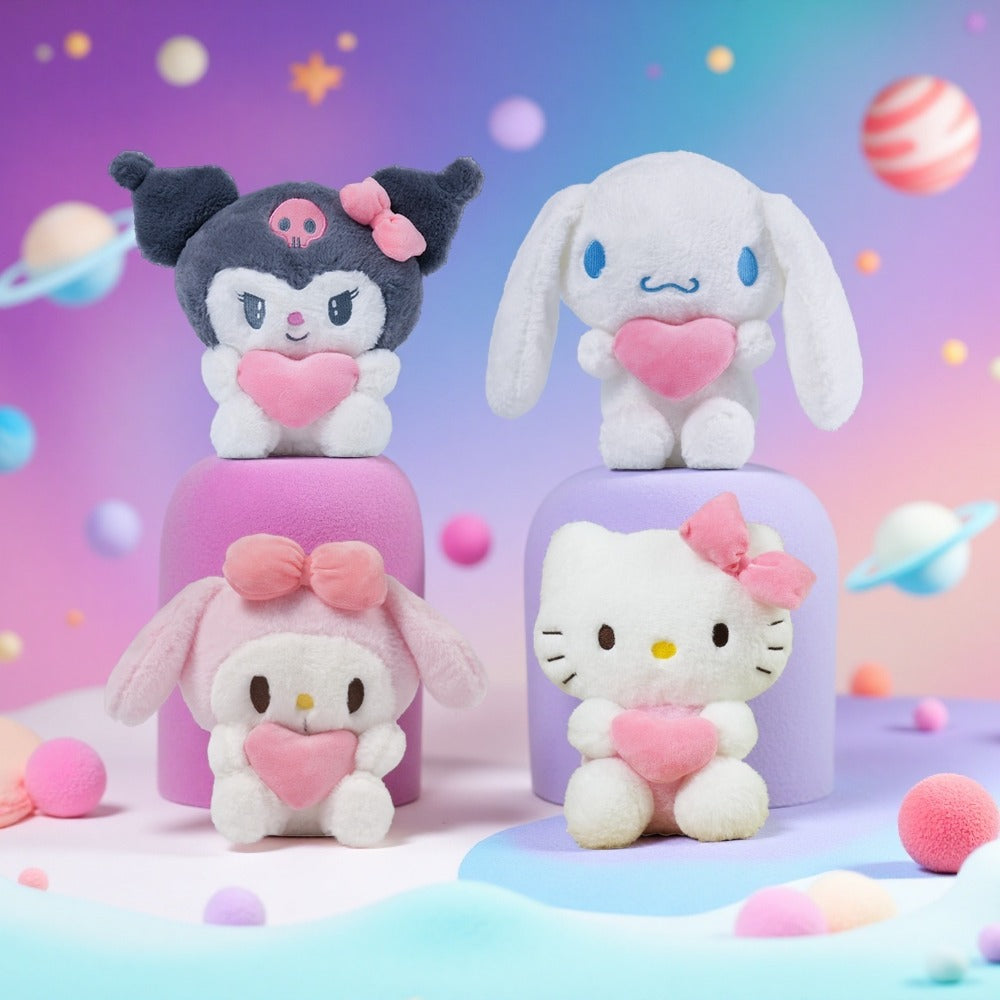 Kawaii Plush Set 5pcs Holding Hearts – Hello Kitty Kuromi My Melody Jade Gui Dog Sanrio Stuffed Animals, Room Decor Birthday Christmas Valentine Holiday Gift for Girls Teens Fans