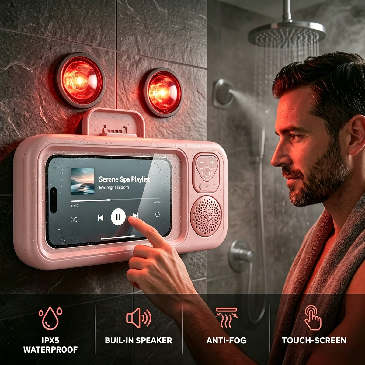 Shower Phone Holder with Bluetooth Speaker Built-In, 360-Degree Rotation Waterproof Mount, Universal Fit for All Phones, Hands-Free Music & Calls, Suction Cup Adheres to Any Surface – Bathroom Shower Caddy Accessory