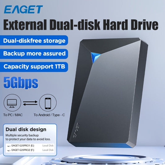 1TB Dual-Disk External Hard Drive USB 3.0 5Gbps High Speed 2.5 Inch Portable HDD Plug and Play for PC Laptop Mac PS4 Xbox Smart TV Data Backup Storage Drive