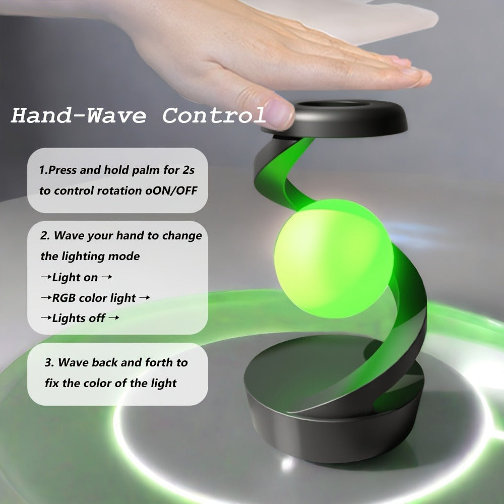 Floating Rotating Night Light with Wireless Charger – Smart Desktop Visual Levitating Lamp with Light Sensor, Hand Wave Control, Atmosphere Mood Light for Bedroom Office Party Decor, Gift (Grey/White)