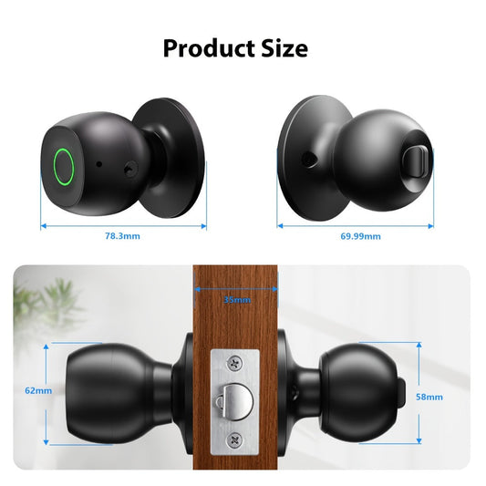 Fingerprint Smart Door Knob Lock with App Control, Auto-Lock and Key Backup, Black