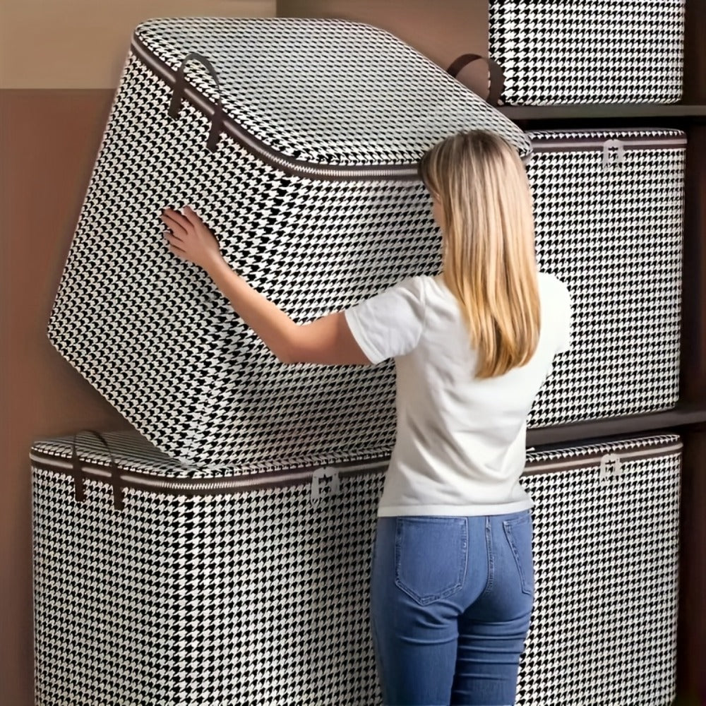 Large Storage Bags Houndstooth Non-Woven Fabric Organizer with Double Zipper & Handles – 160L/180L Dustproof Foldable Storage Box for Bedroom, Closet, Moving, Travel & Dorm, 1pc or 3pcs Set