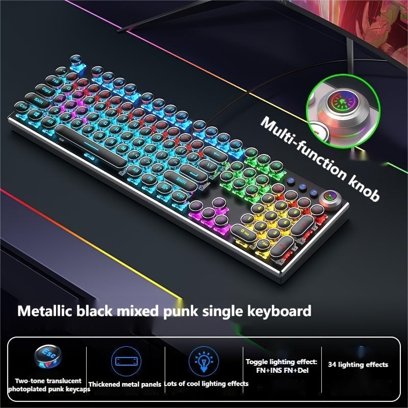 Cyberpunk Retro Typewriter Mechanical Keyboard 104 Keys Full-Size with Multi-Function Knob Backlit Round Keys Ergonomic Spill-Proof USB Wired for Desktop Laptop Windows Mac Gaming Typing