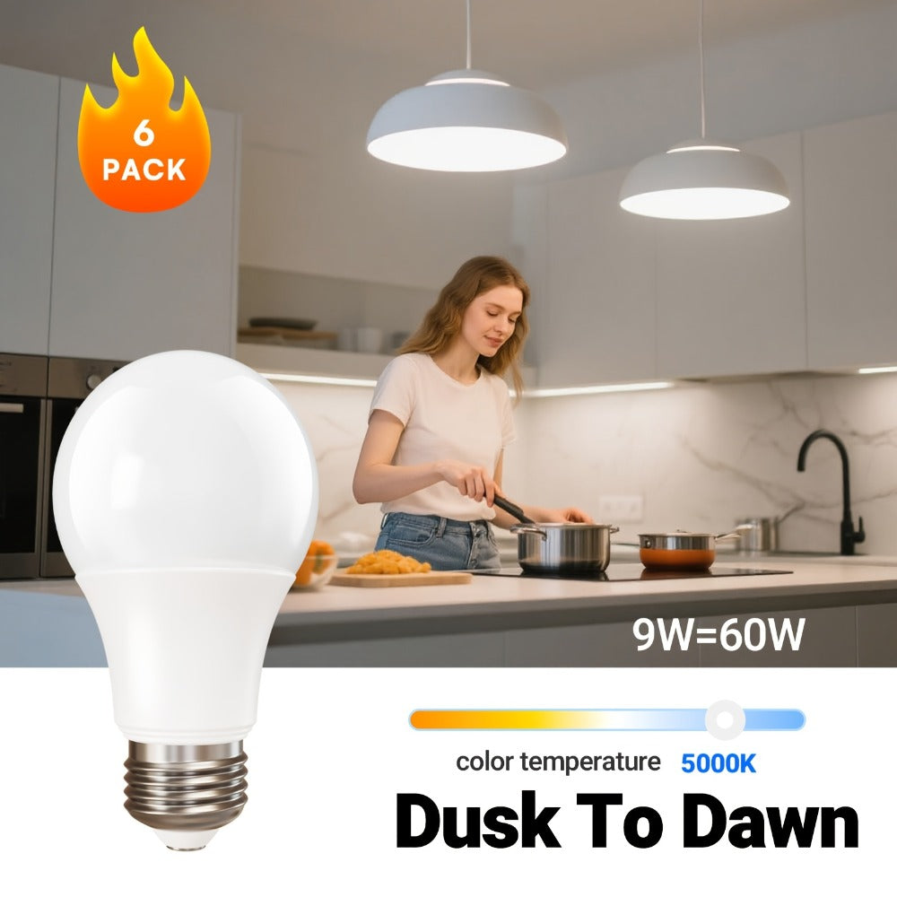Dusk to Dawn LED Light Bulbs Photocell Sensor Auto On Off - 9W 60W Equivalent E26 Base 5000K Daylight & 2700K Warm White 6 or 12 Pack for Porch Garage Outdoor Security Indoor Lighting