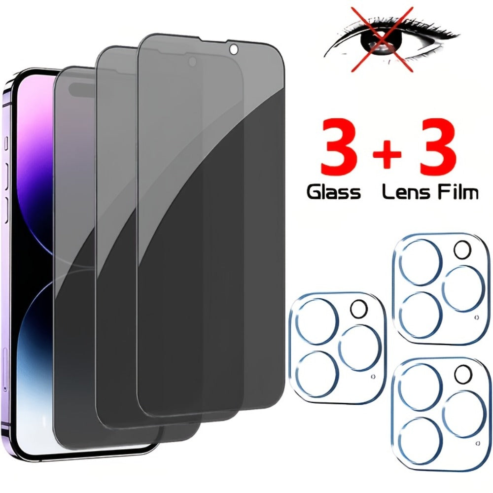 Privacy Screen Protector 6-Pack for iPhone – 3 Anti-Spy 9H Tempered Glass + 3 Camera Lens Protectors, Bubble-Free Full Coverage, Face ID Compatible, iPhone X 11 12 13 14 15 16 Pro Max Plus