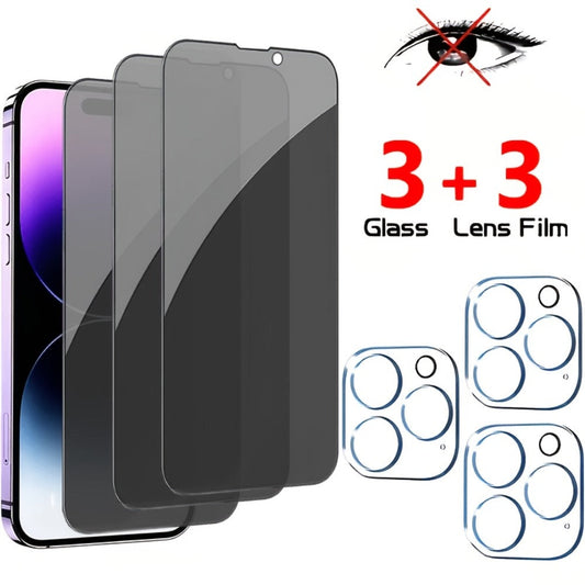 Privacy Screen Protector 6-Pack for iPhone – 3 Anti-Spy 9H Tempered Glass + 3 Camera Lens Protectors, Bubble-Free Full Coverage, Face ID Compatible, iPhone X 11 12 13 14 15 16 Pro Max Plus