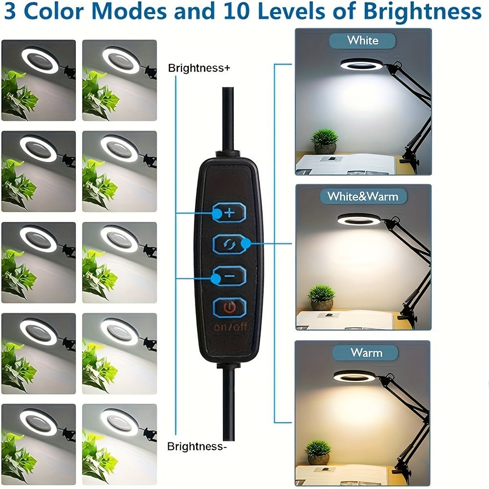 15X Magnifying Lamp with Clamp & Flexible Arm – USB LED Desk Light, 3 Color Modes 10 Brightness Levels, 360° Adjustable for Reading, Manicure, Eyelash, Sewing, Grooming & Precision Work