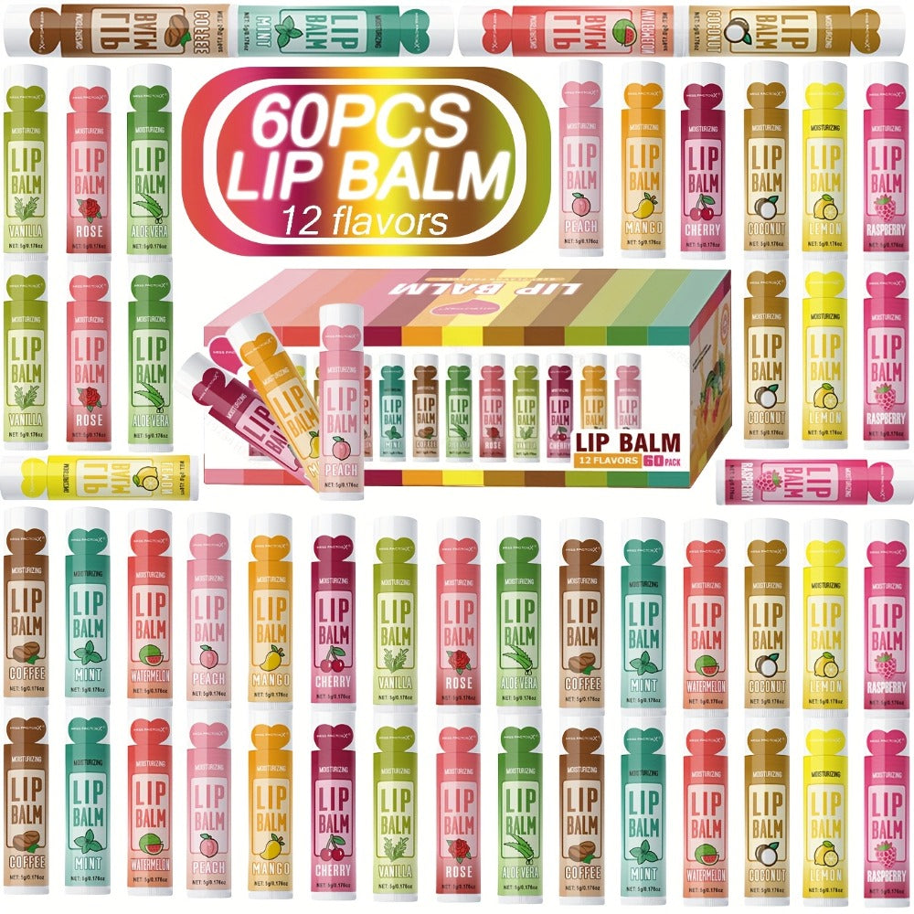 Glycerin Lip Butter Set 60 Pieces – 12 Scents Moisturizing Glossy Lip Balm, Deep Hydration for Soft Dry Lips, Valentine's Day & Holiday Gift Set for Women & Girls