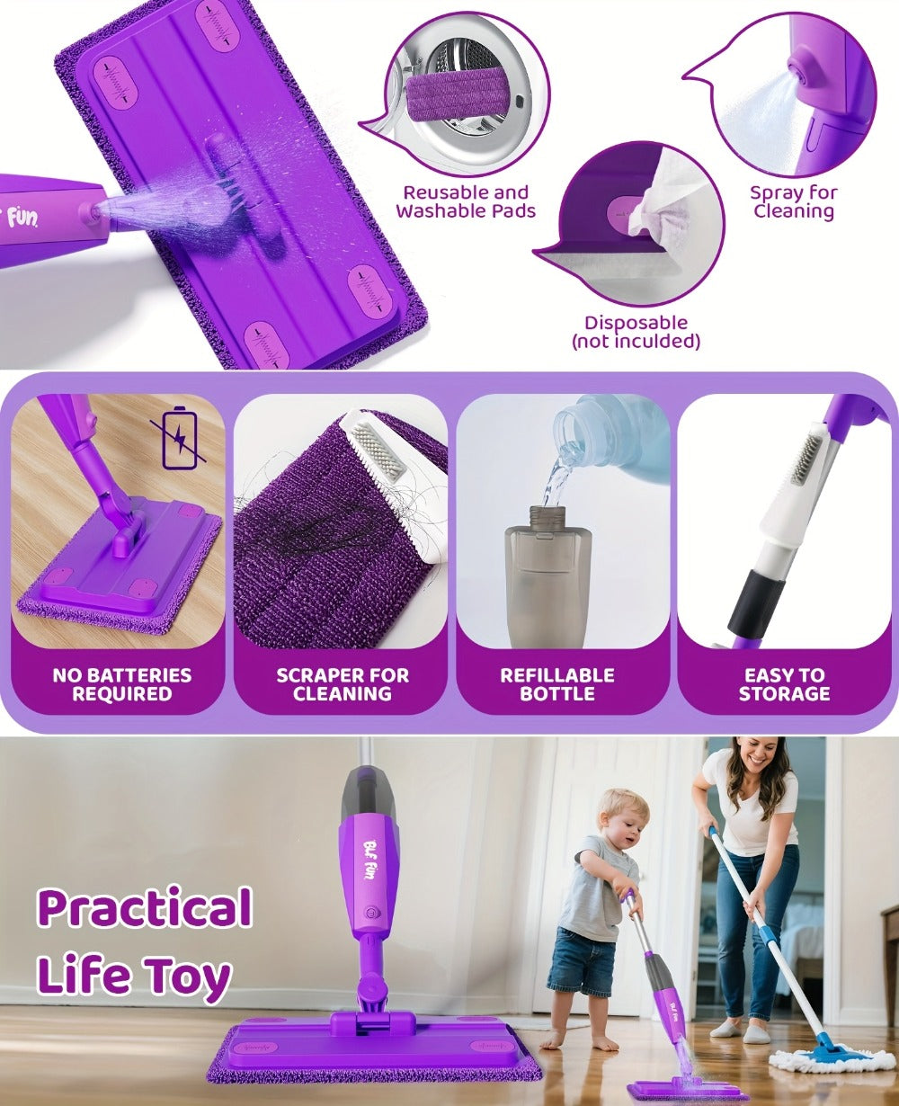 Kids Spray Mop Toy with Water Sprayer for Pretend Floor-Cleaning Play