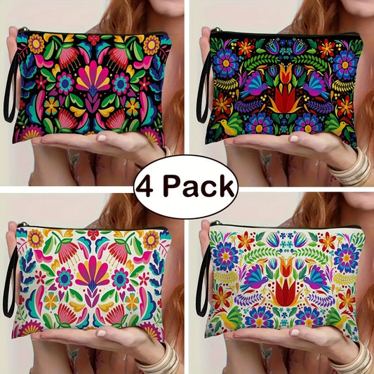Travel Makeup Bag 4-Pack Set Large Capacity Cosmetic Organizer with Zipper Floral & Cute Animal Print Toiletry Pouch for Women Girls Vacation Business Trip Daily Use Gift