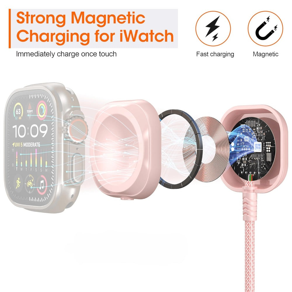 3 in 1 Travel Charging Cable 24 Inch Nylon Braided, Lightning + Type-C + iWatch Magnetic Wireless Charger, Compact Portable Multi Charging Cord for iPhone iPad Android Apple Watch – Pink Short Cable