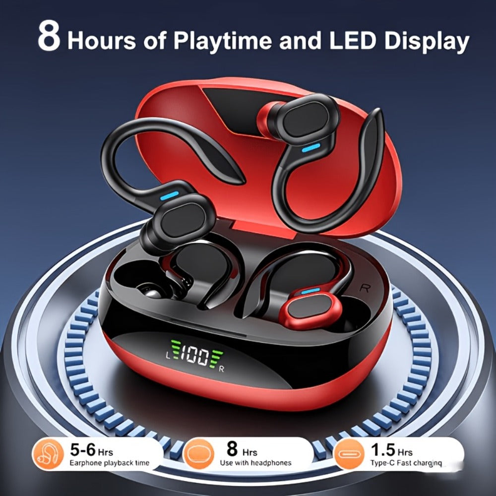 Earhook Open-Ear Sports Earbuds Bluetooth 5.4 LED Digital Display Charging Case 8H Playback Built-In Mic Wireless Headphones for Running Workout Gym Cycling Black Red