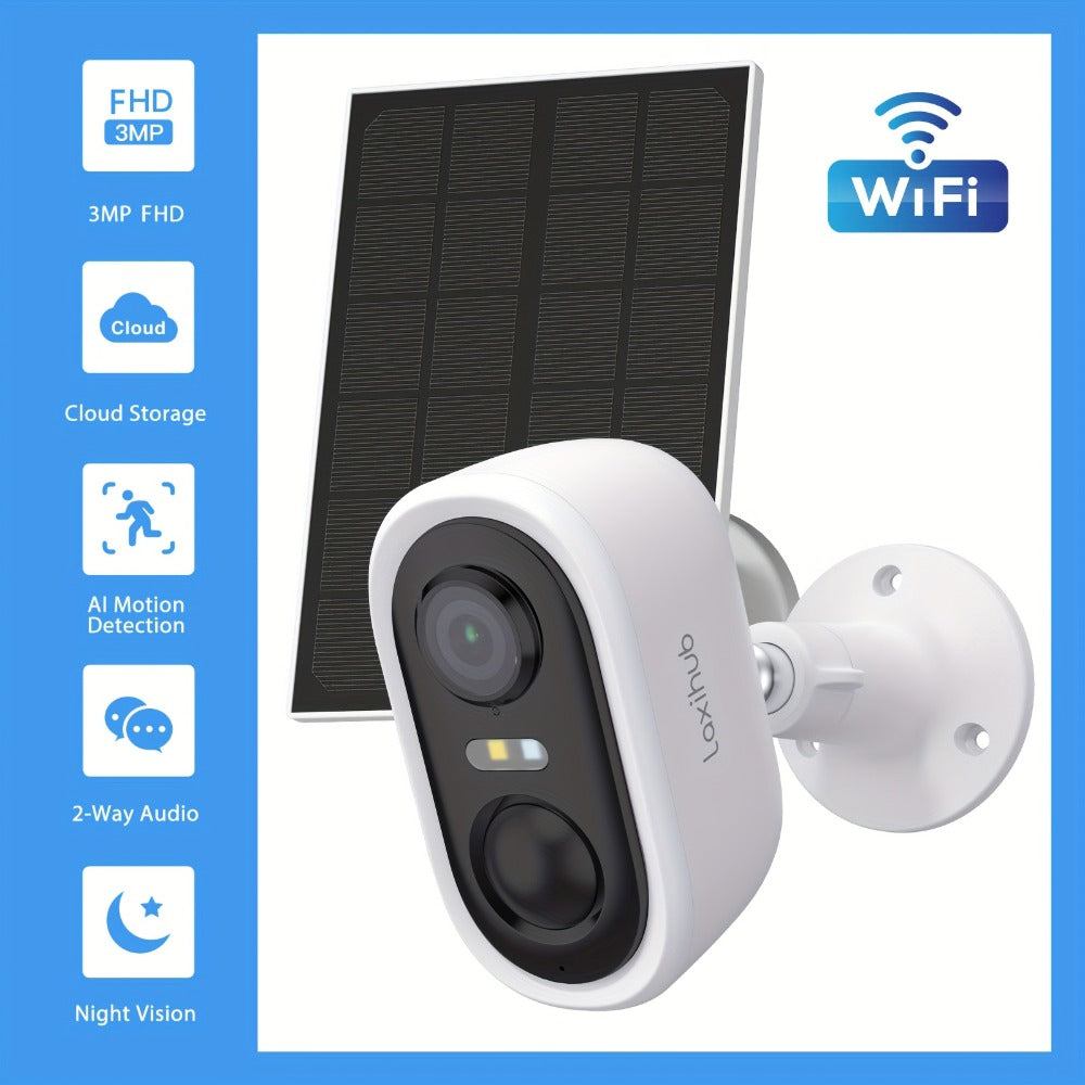 Solar Powered Outdoor Security Camera 3MP 1296P, IP65 Weatherproof, AI Human Motion Detection, Spotlight Color Night Vision, Zone Intrusion Alert, Two-Way Audio, 256GB SD & Cloud – Wire-Free CCTV