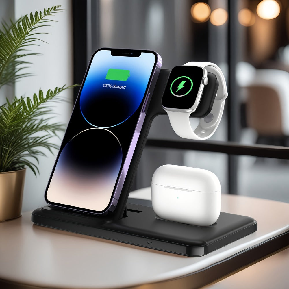 USB-C 3-in-1 Wireless Charging Station Upright Stand – Fast Charge Dock for iPhone 16 15 14 13 12 Pro Max, Apple Watch Ultra Series 10 9 8 7 SE & AirPods Pro 2 | Black & White