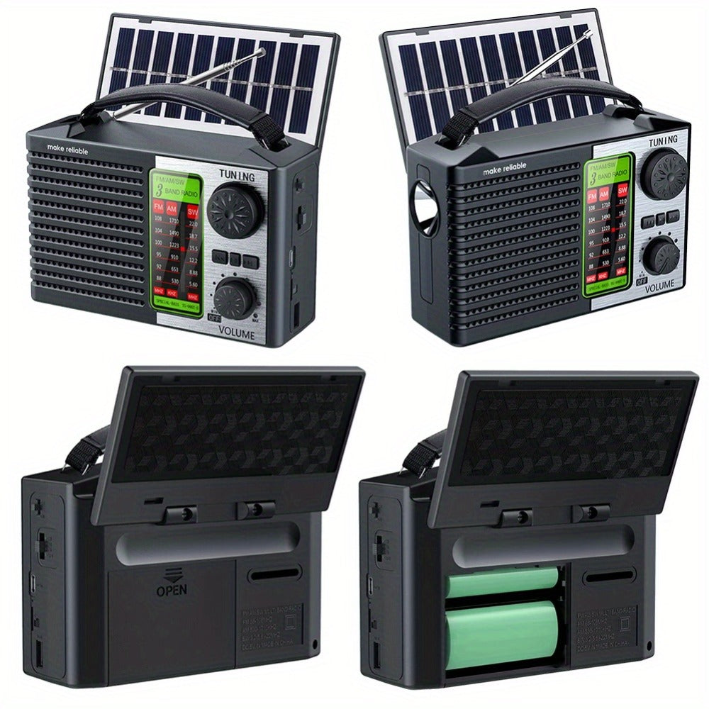 Emergency Solar Hand Crank Radio 5-in-1 with Dual Speaker, FM AM SW VHF, MP3 USB TF Card Player, 180° Foldable Solar Panel, LED Flashlight, Portable for Camping Power Outages Survival
