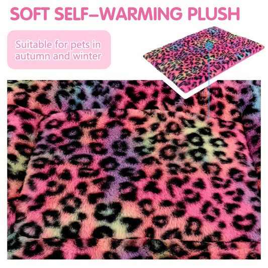 Reversible Plush Pet Mat with Leopard Print, Washable Fleece Bed Pad, S and M