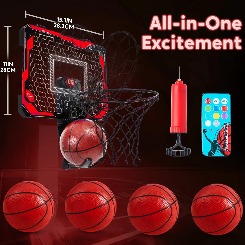 Over-the-Door Indoor Basketball Hoop with Light-Up Scoreboard, Red
