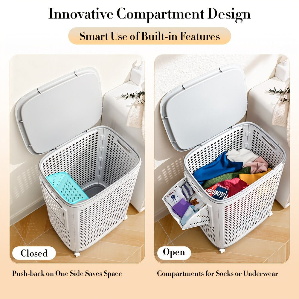 Wheeled Laundry Hamper Large Foldable with Dividers & Dust-Proof Lid – 360° Breathable Mesh Basket on Wheels, Reinforced Steel Base, Portable Clothes Organizer for Bedroom, Bathroom & Dorm
