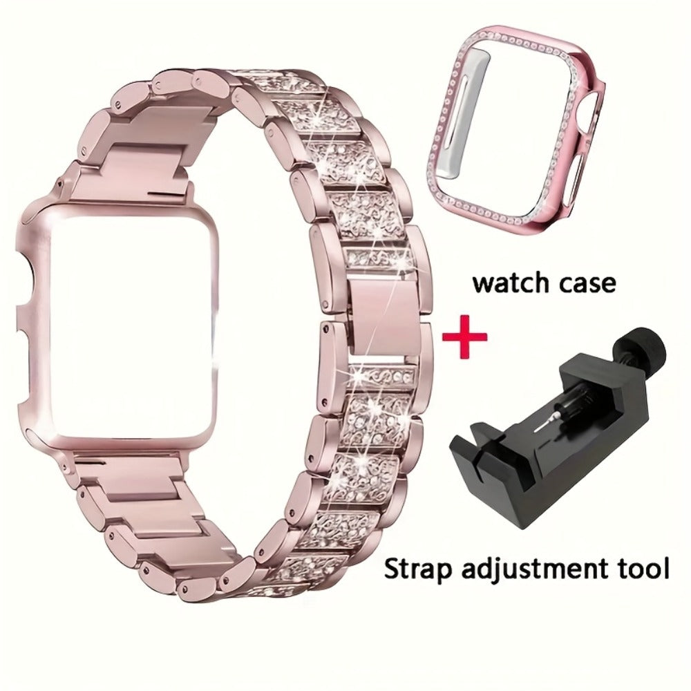 Diamond Apple Watch Case & Strap Set – Starry Sky Full Diamond Bezel + Double Row Diamond Band Compatible with Apple Watch Series 1–10 SE Ultra Ultra 2 38 40 41 42 44 45 49mm – Pink Rose Gold Black Blue Silver