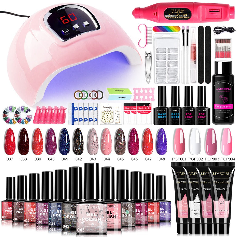 Gel Nail Polish Kit with UV Lamp & Electric Nail Drill - 12 Colors Gel Polish Set, Poly Extension Gel, Top & Base Coat, Glitter Nail Art Complete Starter Set for Home Salon, Beginner Gift