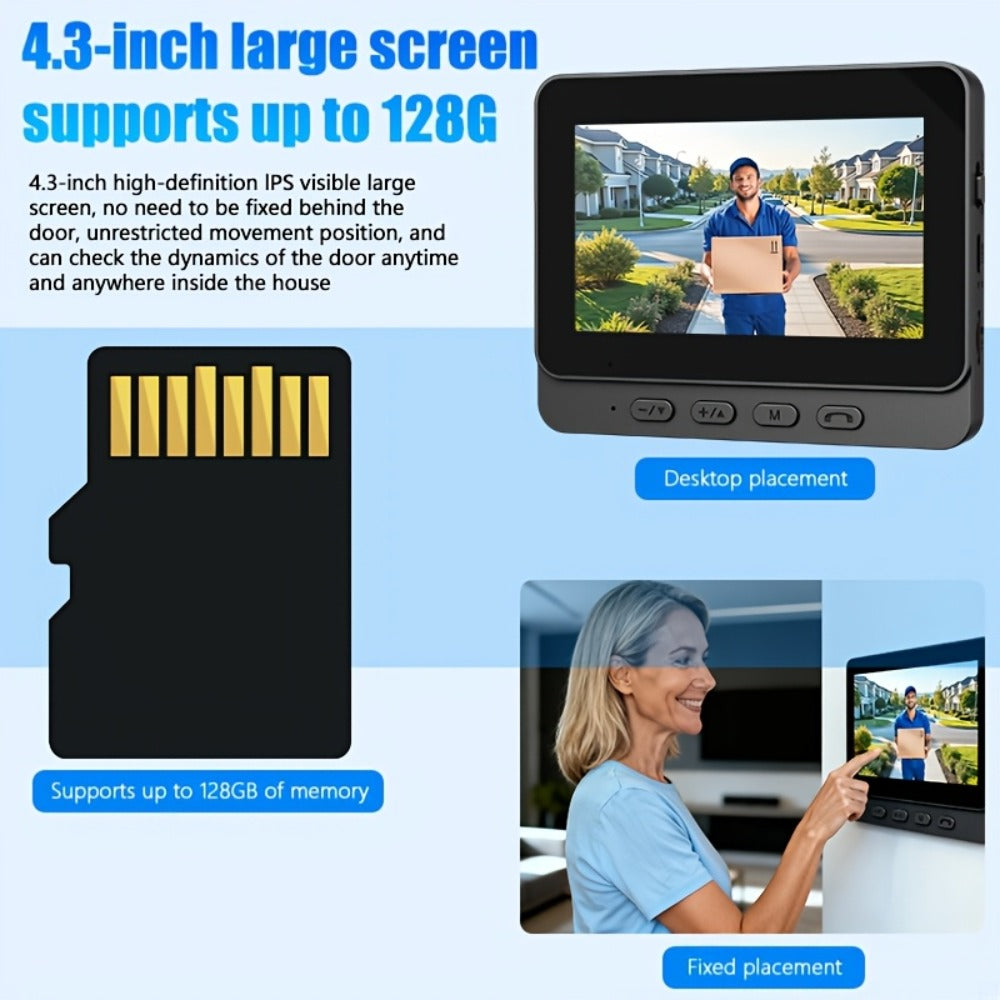 2.4G Direct Connect Video Doorbell with 4.3" Color Monitor - No WiFi No App, Two-Way Audio, 120° Wide Angle, Waterproof, 128GB SD, 6+ Month Battery Life, Color Night Vision, Rechargeable