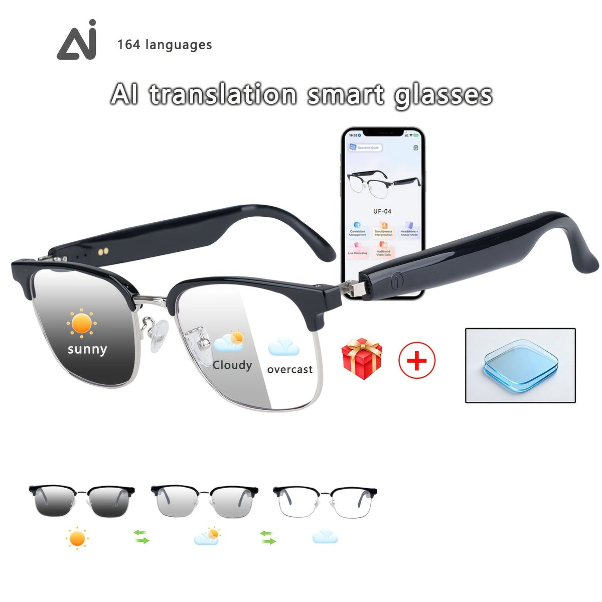ChatGPT AI Translation Glasses with 160-Language Real-Time Translation, Photochromic Lenses, HiFi Audio & HD Calls – 19 Frame Styles, Unisex Smart Eyewear for Travel & Business