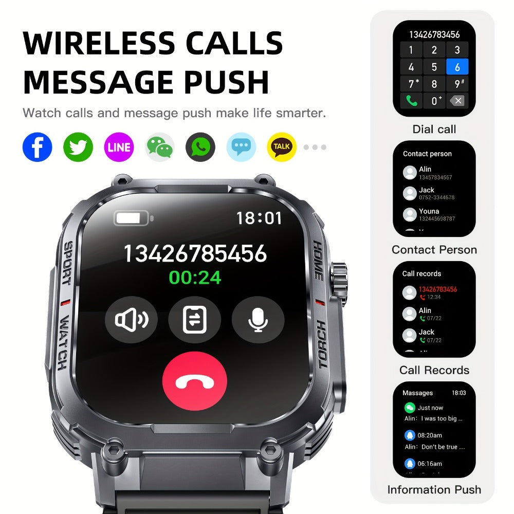 Flashlight Compass Outdoor Smartwatch for Men Waterproof 100+ Sport Modes Sleep Monitor Pedometer Calorie Tracker Rugged Hiking Camping Fitness Watch Compatible with iPhone – Black Pink Beige Orange