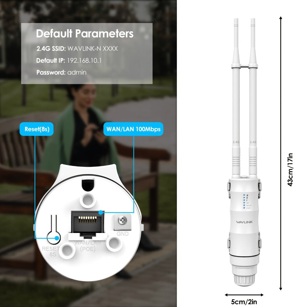 WAVLINK N300 Outdoor PoE WiFi Access Point 300Mbps - 2x7dBi Antennas 150m Range, AP Router Repeater 4-in-1 Modes, WAN/LAN Port, 32 Devices, for Factory Campus Hotel Community Street