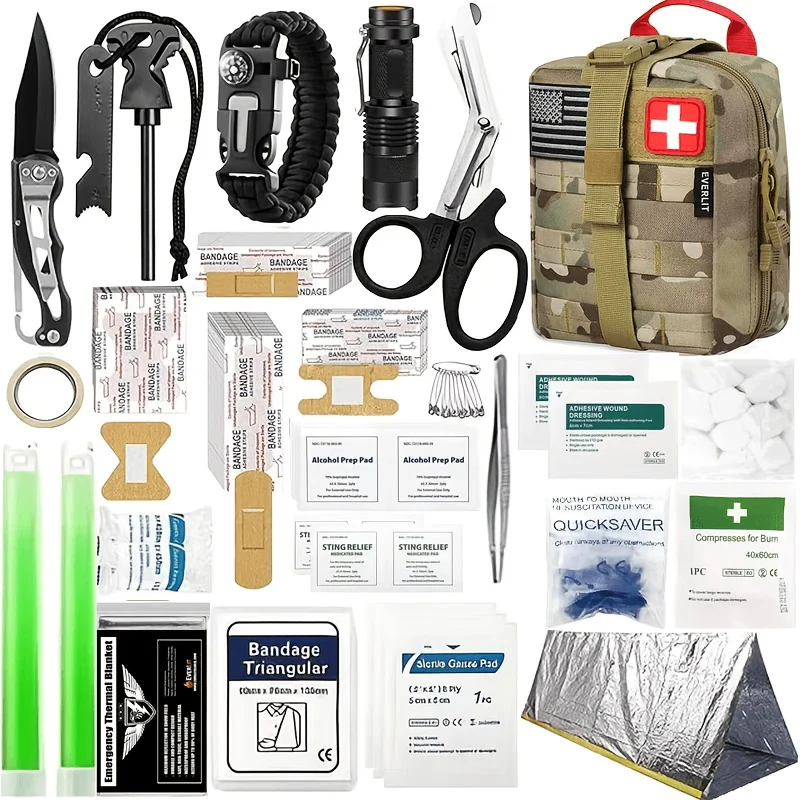 258-Piece Professional Survival Kit with Fire Starter Compass Multi-Tool for Men Camping Hiking Outdoor Exploration Emergency Preparedness Gift