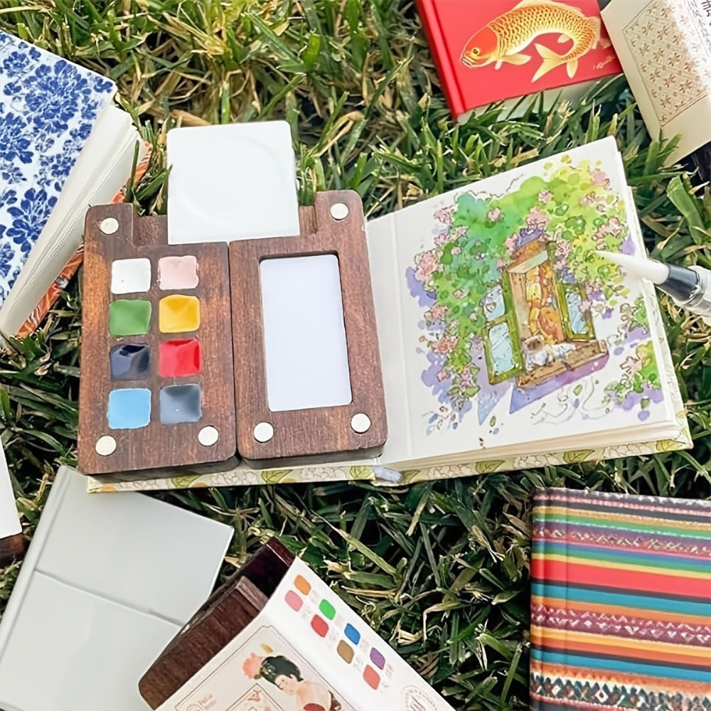 Portable Watercolor Paint Set 24 Colors with 15-Grid Palette 3 Brushes and 6 Accessories Pocket Painting Kit for Outdoor Sketching Travel Artists Kids Adults