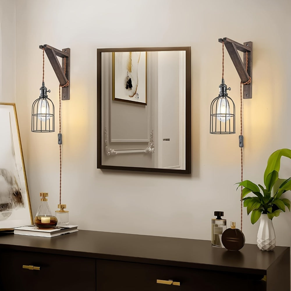 Plug In Wall Sconces Set of 2 or 1 – Rustic Farmhouse Wall Lamp with Metal Cage & Wooden Bracket, Plug-Into-Outlet Hanging Light for Bedroom, Living Room & Headboard