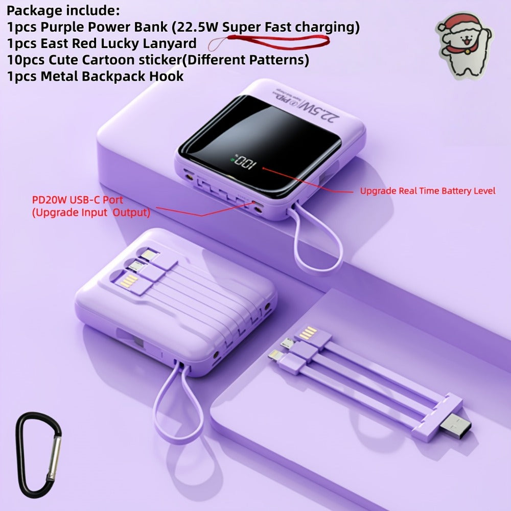 10000mAh Power Bank Built-in 4-in-1 Cable 22.5W Super Fast Charging Slim Mini Portable Charger for iPhone Android Samsung – Compact Travel Battery Pack USB-C Micro Lightning