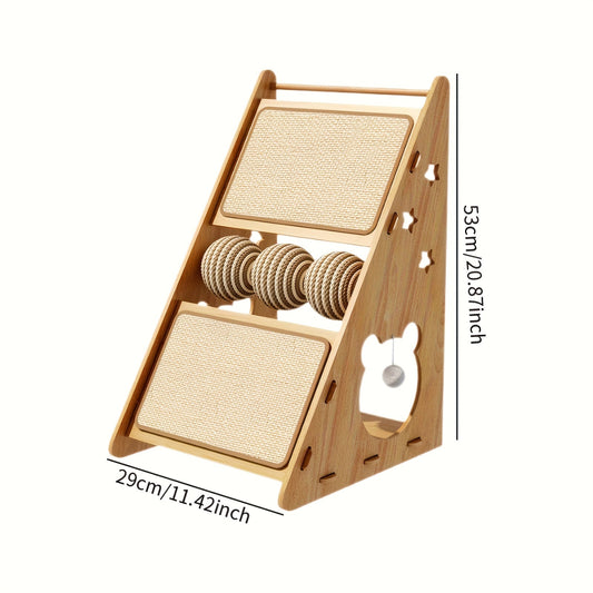 Wooden Cat Scratcher with Hanging Ball Toy, 11 x 20 Inches for Indoor Use