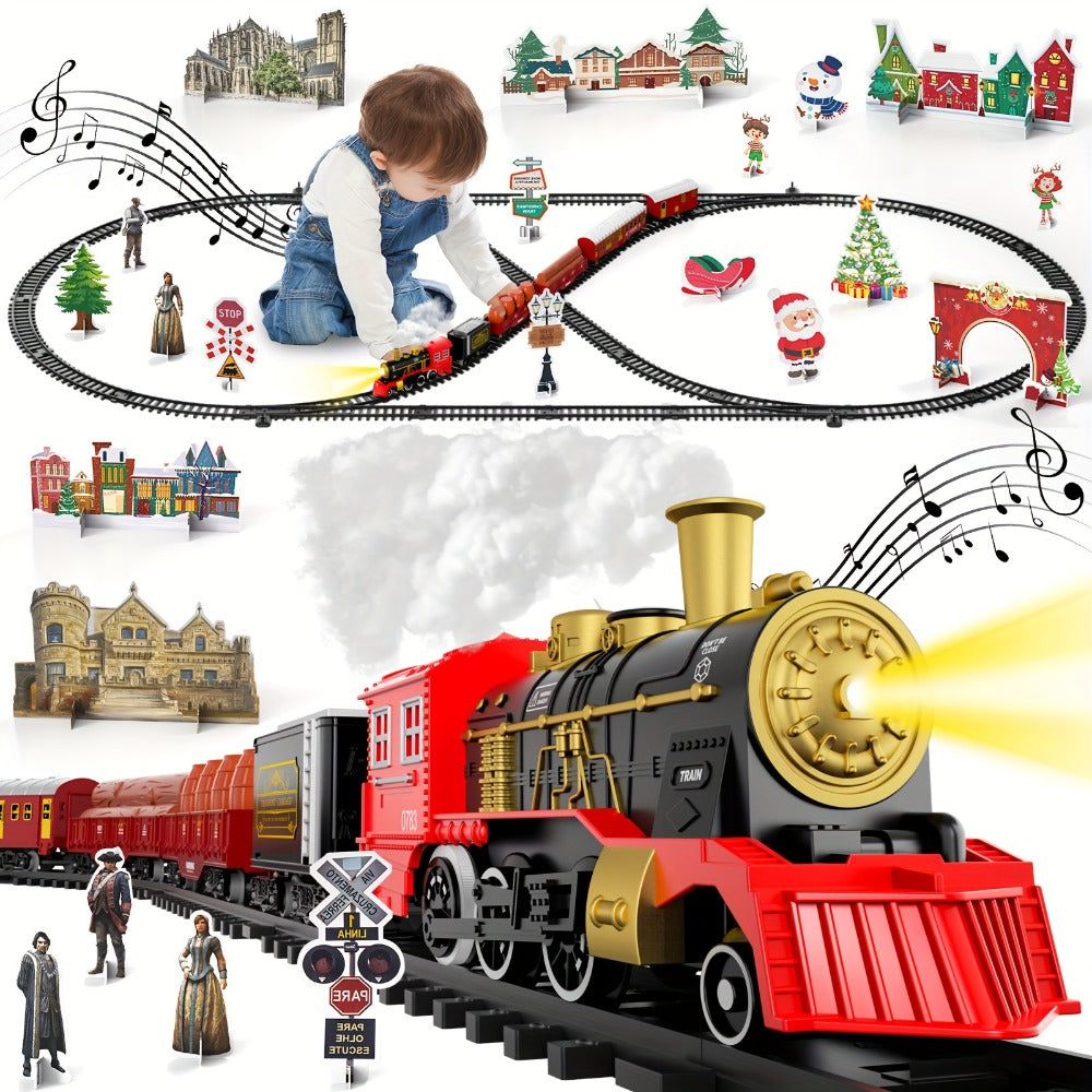 Electric Train Set with Smoke, Lights & Sound – 6-Car Christmas Toy Train with Switch Tracks
