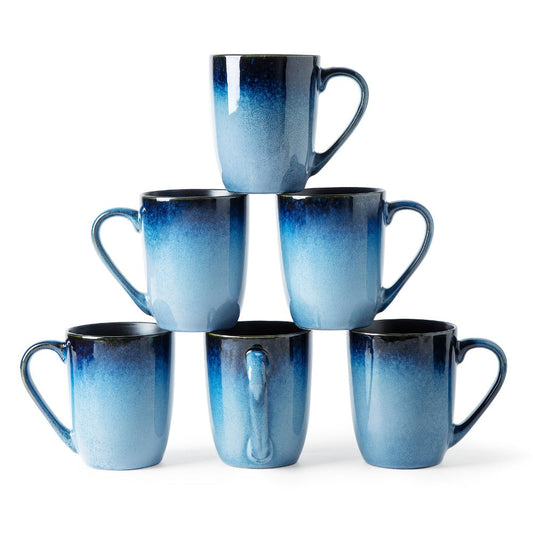 Ceramic Coffee Mugs Set of 6, 14 oz Blue Gradient Reactive Glaze
