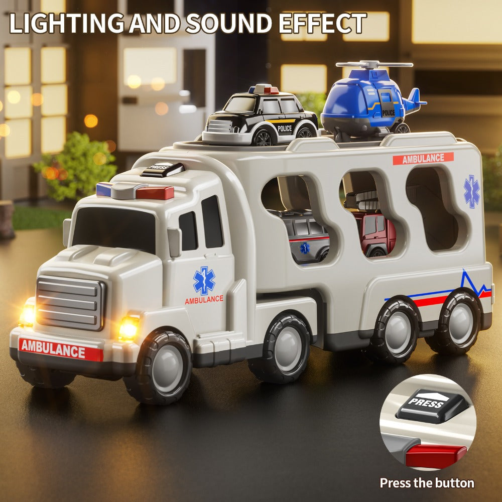 Ambulance Carrier Truck Toy Set, 5-in-1 Emergency Vehicle Playset with Lights & Sounds