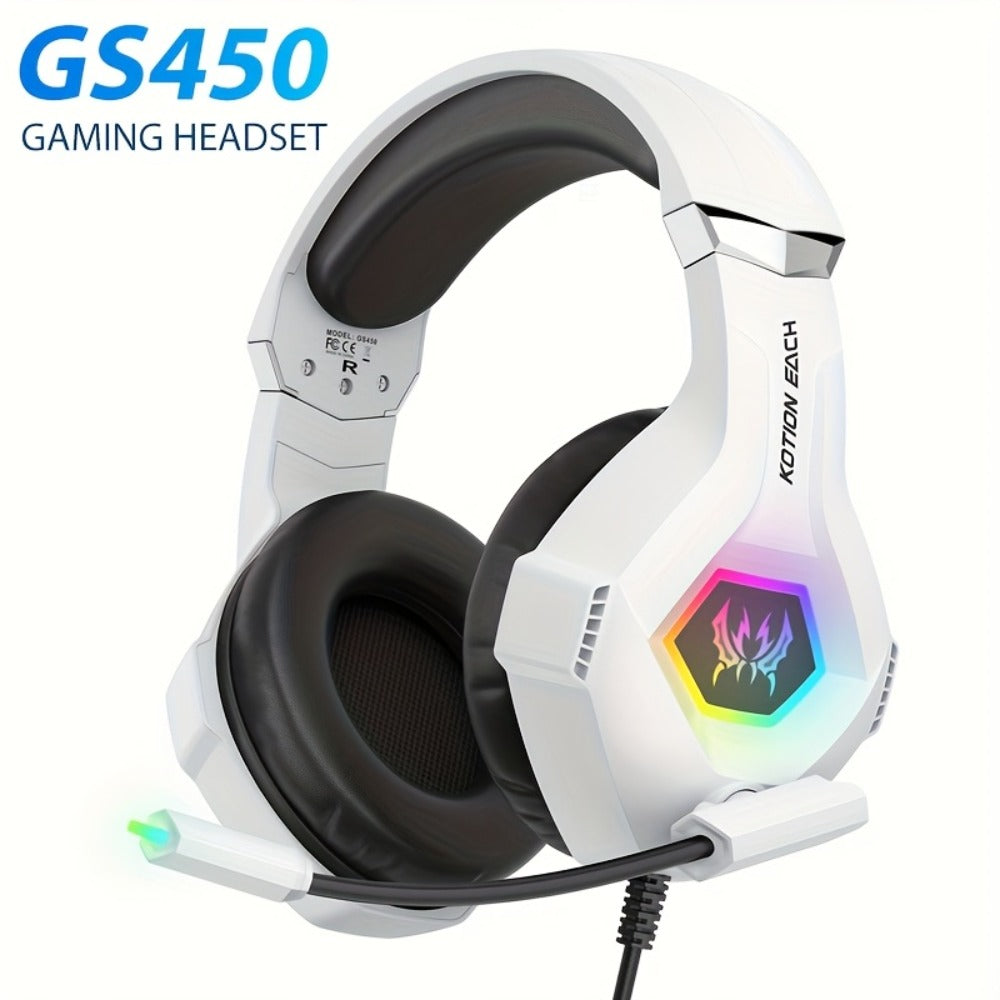 GS450 Gaming Headset Surround Stereo with LED Lights & Soft Memory Earmuffs – Noise Cancelling Mic Over-Ear Headphones for PS5 PS4 Xbox One Switch PC Mac Computer Games