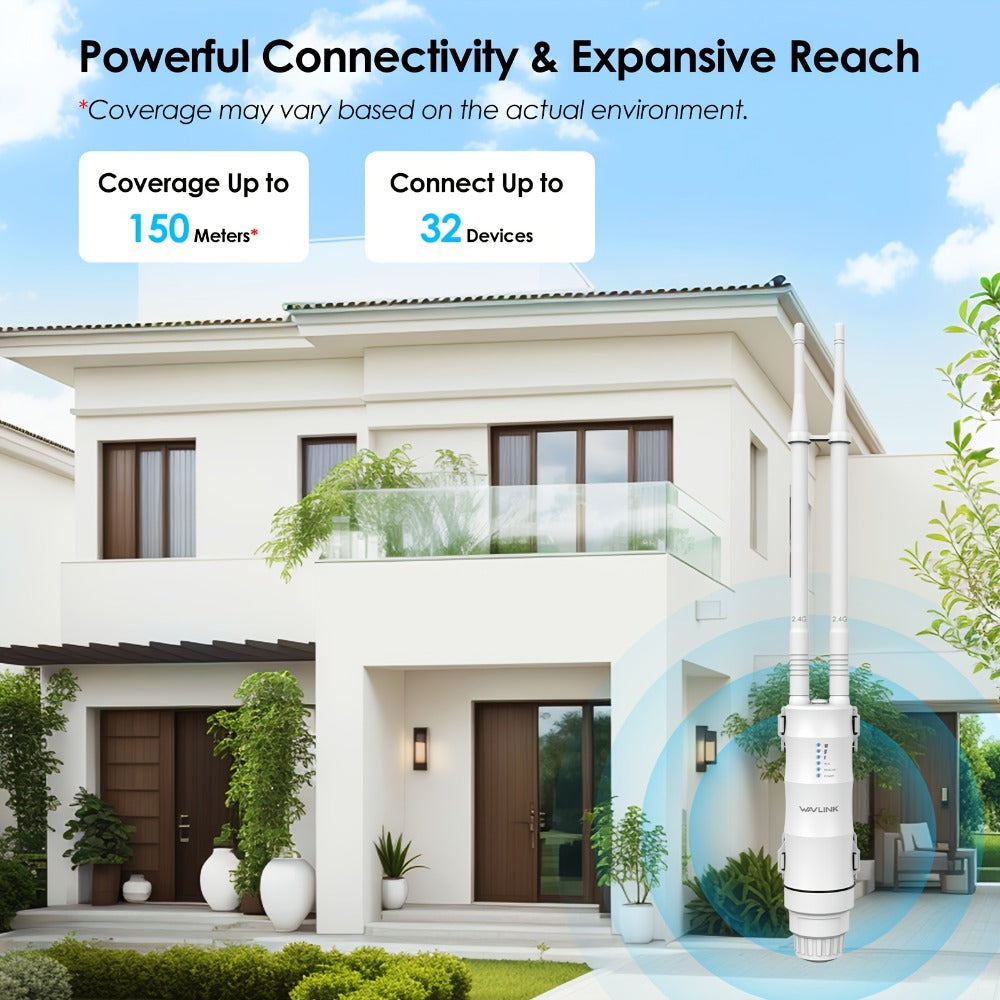 WAVLINK N300 Outdoor PoE WiFi Access Point 300Mbps - 2x7dBi Antennas 150m Range, AP Router Repeater 4-in-1 Modes, WAN/LAN Port, 32 Devices, for Factory Campus Hotel Community Street